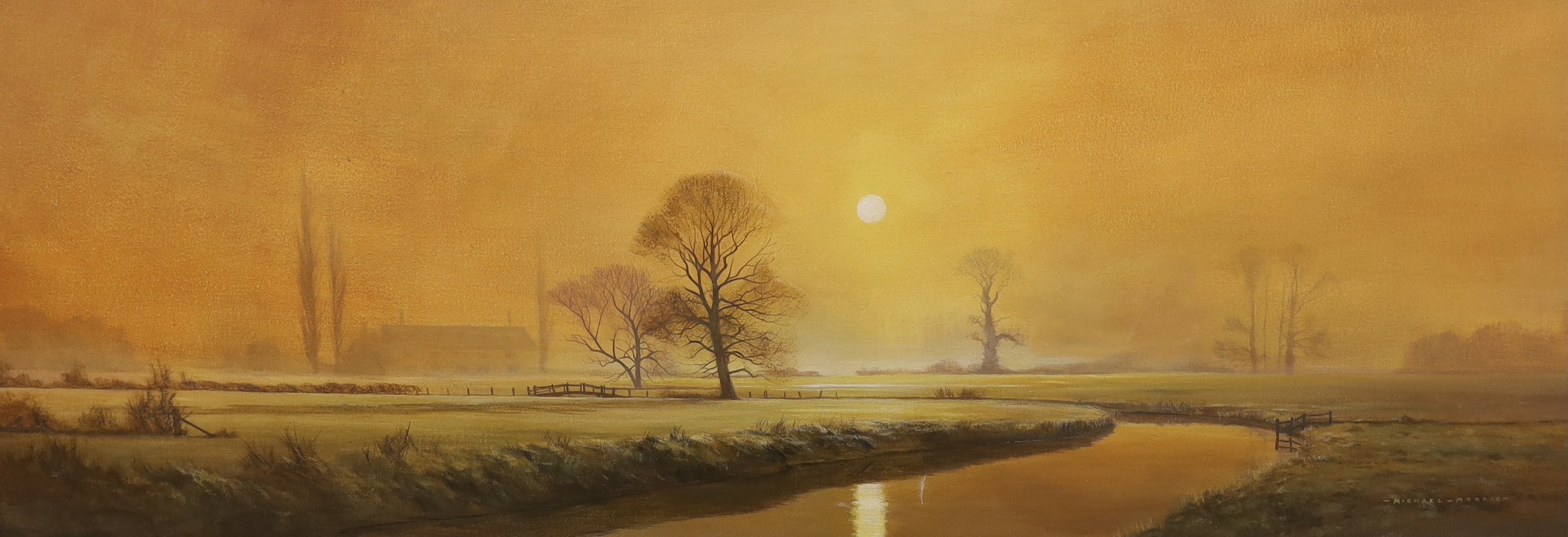 Michael Morris (b.1938), oil on canvas, River landscape at dawn, signed, 44 x 120cm